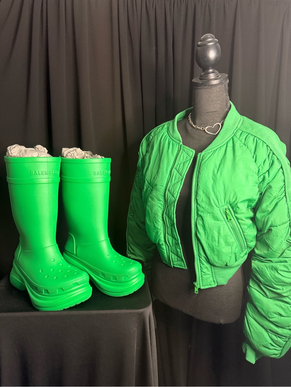 Balenciaga Rain Boots & Bright Green Bomber Jacket Combo